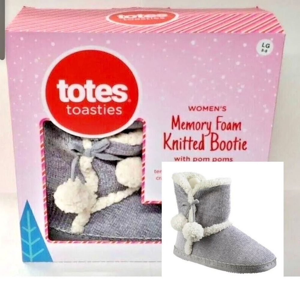 New in Box Sz (XL 9-10) Grey Totes Toasties Memory Foam Knitted Pom Pom Booties